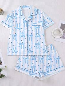 2-Piece Set - Women's Pajama Set, Loose Shorts Paired With Short Sleeved Top, Loose And Soft Casual Wear With Simple Blue Bow Print, Suitable For Daily Home, Family, Year-Round Pajama Party Wear - 藍色 - 查看 8