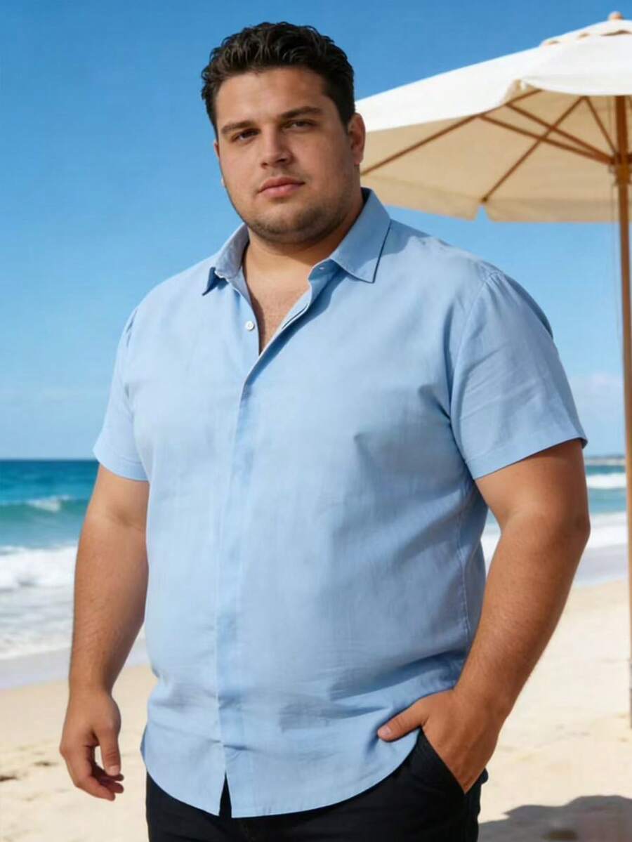 Plus Size Men's Short Sleeve Shirt, Classic Outdoor Hidden Button Design, Casual Solid Color Lapel Shirt, Outdoor Fashion Shirt Top - Baby Blue - View 1