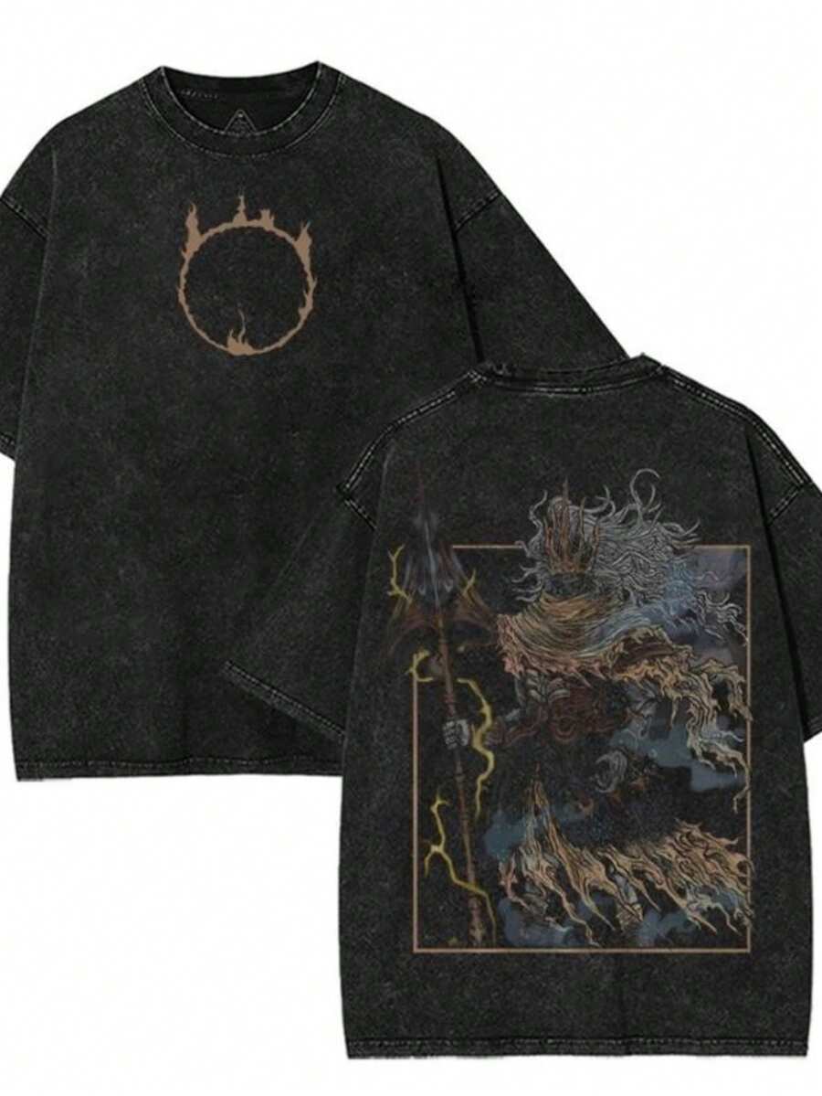 Camiseta de algodón lavado para hombres, camiseta de algodón puro de estilo oscuro del rey sin nombre, camiseta de hombre, camiseta de estilo de cómic de anime, camiseta con patrón impreso de doble cara, regalo para fanáticos de juegos, ropa casual para hombres, atuendo de moda urbana - Negro - Ver 1
