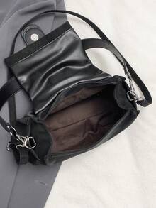 New Vintage Fashion Square Bag, Metal Hardware & Belt Decor, Flap Opening Shoulder Bag. Adjustable Long Shoulder Strap, Small Capacity Lightweight Minimalist, Solid Color Soft Crossbody Bag. Suitable For Women's Daily Life, Casual, Commuting, Work, Vacation And Student Use - Black - View 6