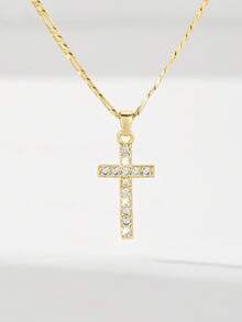 1pc European & American Classic Copper Inlaid Zirconia Cross Pendant Necklace, Limited Edition "Light Of Protection", Suitable As Gift For Christmas, Thanksgiving, Halloween, Mother's Day, Valentine's Day, Friends, Communion, Daily Wear & Prayer - Yellow Gold - View 5