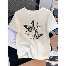 Camiseta Casual de Mujer de Manga Corta con Estampado de Mariposa Negra y Estrella, Cuello Redondo Suelto, Versátil y a la Moda - yx2324-blanco - Ver 6