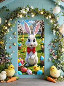 1 pieza Bandera de puerta 2D, Cartel de puerta de Pascua feliz, Decoración de porche con patrón de corona de conejo vibrante, Decoración de Pascua, Regalo, Poliéster brillante, Adecuado para decoración de primavera en el hogar, Decoración colgante para puerta delantera, Suministros de fondo de fotografía - Multicolor - Ver 10