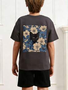 1 buah Kaos Pullover Lengan Pendek Bergambar Kucing untuk Anak Laki-laki Remaja, Atasan Musim Panas untuk Anak-anak, Pakaian Pelajar Muda - Dark Grey - View 2