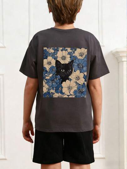1pc Tween Boy Cat Graphic Art Print Short Sleeve Pullover T-Shirt, Summer Tops For Kids, Young Student Clothing