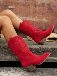 #NewWesternStyleAnkleBoots #WinterWarmBoots #OutdoorWear #VintageBoots Women's Cowboy Western Boots, Round Toe Design, Embroidery Details, Thick Heel, Pull-On Style, Women's Cowboy Boots, Fall Women's Wear, Party, Halloween, Festival, Mid-Calf Brown Boots - 紅色 - 查看 2