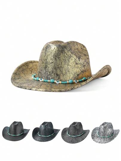 1pc Distressed Gold Western Cowboy Hat With Turquoise Beaded Band, Metallic Cracked Texture, Vintage Yet Glamorous Wide Brim Hat, Flattering Silhouette, Suitable For Music Festivals, Parties, Vintage Outfits, And Everyday Wear, Creates A Charming Atmosphere
