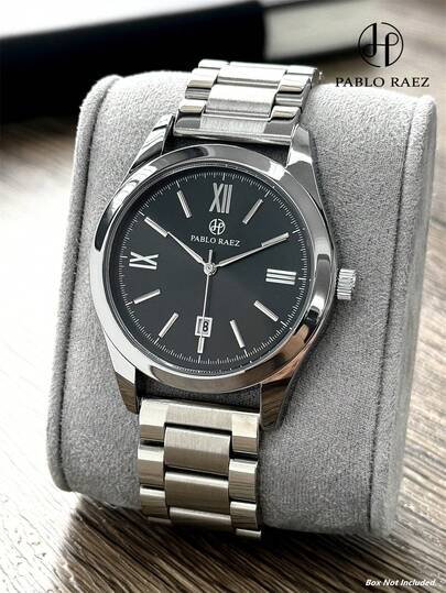  Pablo Raez 男士商务腕表，不锈钢材质，休闲银色，不易褪色，奢华实心金属表带，时尚简约设计，内置刻度，日期显示，50米防水，全新AAA级男士石英腕表，运动休闲腕表，是送给朋友或家人的精美礼物，适合日常佩戴/工作/派对装饰，也可作为毕业典礼、婚礼、生日礼物。