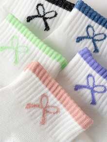 5 Pairs Women's Bow Decor Simple Fashion Comfortable Breathable Ankle Socks - Multicolor - View 3