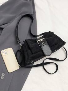New Vintage Fashion Square Bag, Metal Hardware & Belt Decor, Flap Opening Shoulder Bag. Adjustable Long Shoulder Strap, Small Capacity Lightweight Minimalist, Solid Color Soft Crossbody Bag. Suitable For Women's Daily Life, Casual, Commuting, Work, Vacation And Student Use - Black - View 5