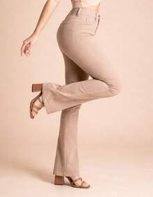 Calça Jeans Feminina Sawary Cintura Alta Flare Boca Sino Elastano Lycra Confortável Fler Bonita - Bege - Visão 2