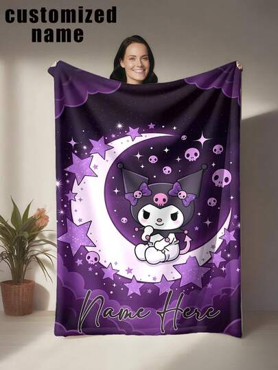 Sanrio 1 pieza Manta personalizada con tema de Kuromi, se puede personalizar con nombre, impresa con patrón de dibujos animados de Kuromi, estilo lindo y acogedor - Suave y cómoda, lavable a máquina, tela de poliéster impresa digitalmente, adecuada para sofá, cama, viaje, camping, sala de estar, oficina, asiento - Regalo ideal para familiares y amigos