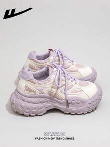 1双 WARRIOR 女士厚底系带软底休闲鞋，低帮户外平底鞋，圆头低跟防滑纯色优雅软底徒步鞋，适合学生、毕业照、平底鞋、低帮皮面运动滑板鞋 - 米/紫 - 查看 3