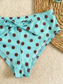 新款性感波点印花三件式露背蝴蝶结比基尼泳衣，夏季沙滩派对女士泳装 - 薄荷藍 - 查看 5