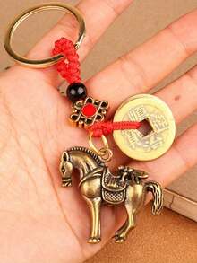 复古中国吉祥马钱币设计钥匙扣 - 红金编织绳 - 锌合金和铜合金材质，适用于汽车钥匙和包包，中国新年幸运马钱币钥匙扣 - 彩色 - 查看 1
