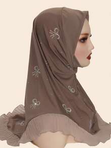 1pc Women's Striped Knit Elastic Fabric Diamond Crafted Hem Fashionable Malaysian Hijab Scarf - Crystal Hemp Rhinestone Headscarf - View 7