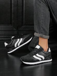 Men's Casual Shoes Retro Running Shoes, Black & White Low-Top Lace-Up Sneakers, Streetwear, Non-Slip & Durable, PU Leather, Lightweight & Soft, Minimalist Streetstyle, Birthday Gift - Black and White - View 3