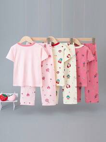 6件套女童轻薄卡通兔子印花可爱短袖长裤睡衣套装，休闲家居服，全身印花，春夏款 - 彩色 - 查看 2