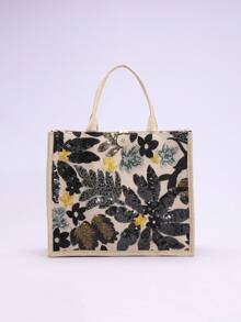 1pc Colorful Sequin & Mesh Patchwork Linen Tote Bag, Fashion Floral & Leaf Embroidery Design, Large Capacity Square Shaped Casual Handbag, Suitable For Shopping, Vacation (Floral Pattern Randomly Distributed) - Black - View 4