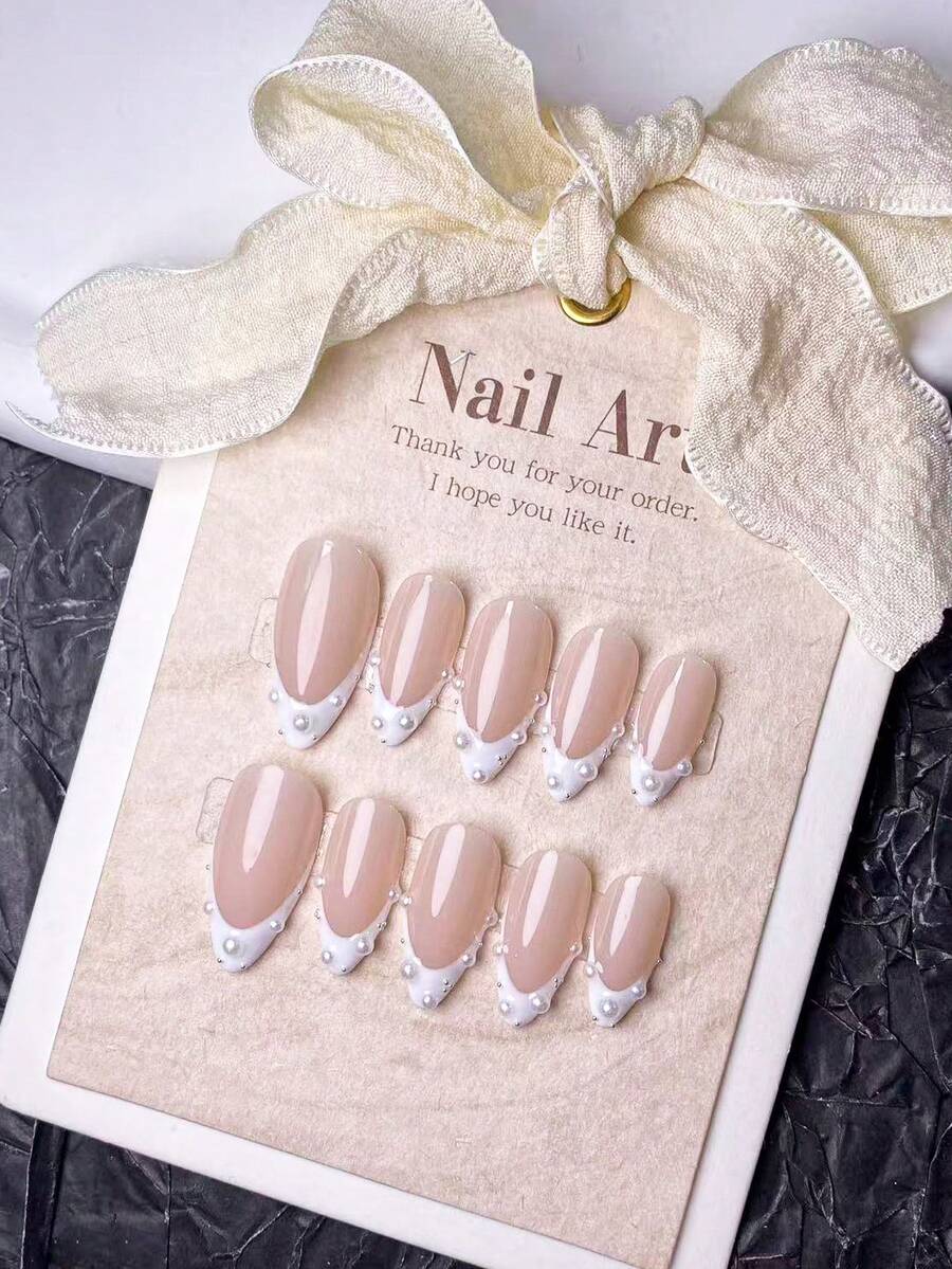 10 móng tay giả acrylic thủ công, hình dáng hạnh nhân ngắn dễ thương, kiểu dáng Y2K, móng trắng kiểu Pháp với điểm nhấn ngọc trai giả trắng bóng, thiết kế tối giản nhưng sang trọng, phù hợp cho sử dụng hàng ngày và hẹn hò. - trắng - Xem 1