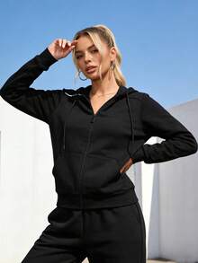 Women's Hooded Sweatshirt Jacket, All-Season Wear, Street Casual Style, Comfortable And Versatile, Great For Travel, Fitness And Commuting. - Black - View 9
