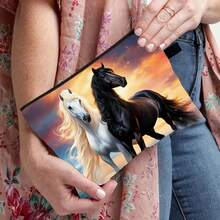 Black & White Horse Pattern Filled Bag, White Horse Animal Lover Style, Fashionable And Casual, Large Capacity, Portable Zipper Polyester Cosmetic Bag, Office Storage Bag, Running Horse Pattern Travel And Holiday Essential Cosmetic Bag, Suitable For Travel, Daily Use - Multicolor - View 6