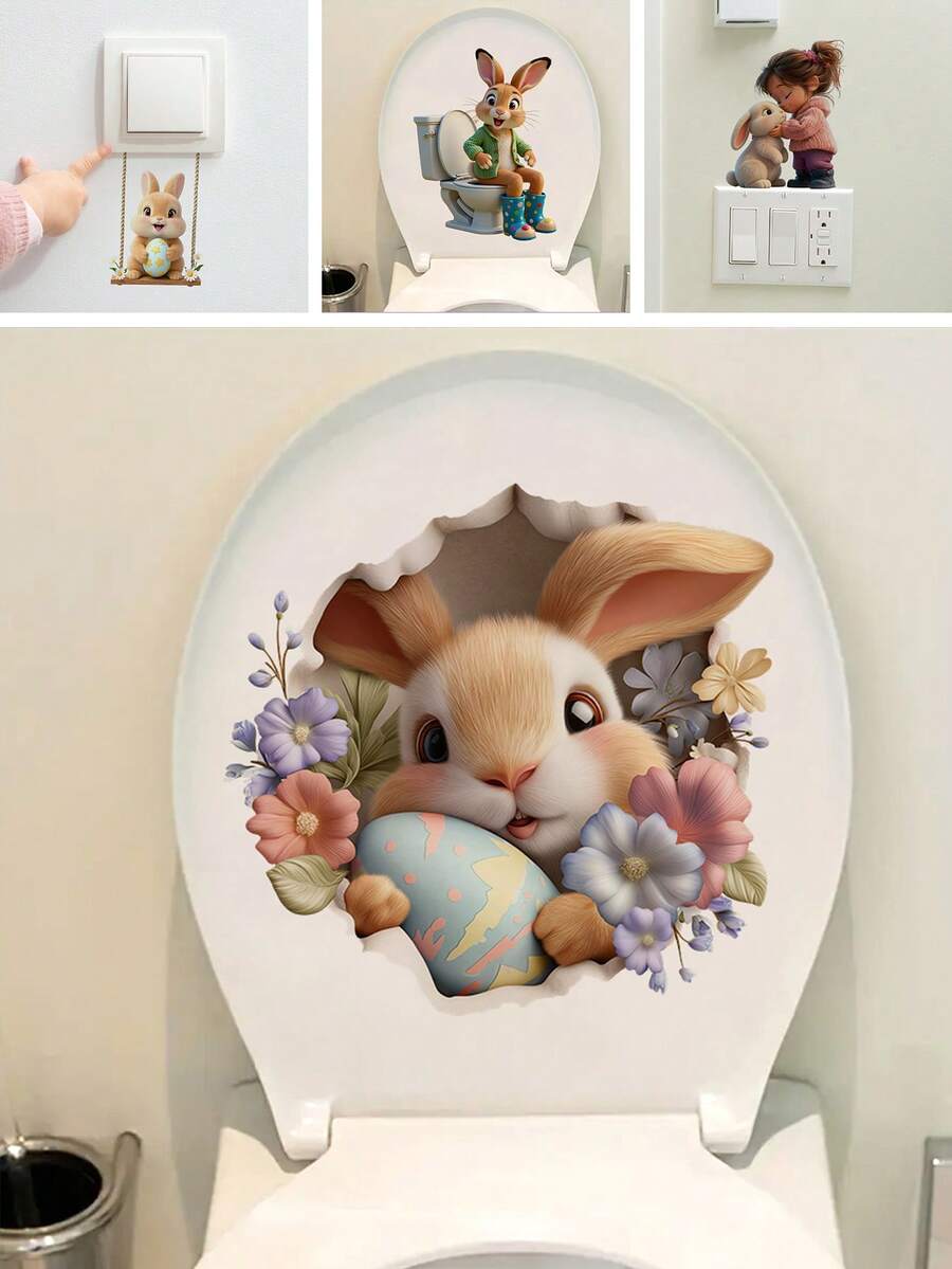 BRUP 1pc Spring Easter Themed Toilet Sticker, Cartoon Rabbit With Colorful Egg & Flowers 2D Hole Design, Bathroom Decor For Shower, Sink, Toilet Bowl - Multicolor - View 1