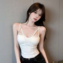 Lace Patchwork Padded Slim Fit Stretchy Versatile Camisole - White - View 1