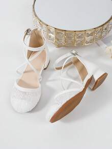 1 Pair New Fashion Elegant Lace High Heels For Plus Size Girls, Comfortable Daily Wear Shoes For Female Students, Suitable For Performance, Ballet, Wedding, Party, Christmas Princess Shoes - White - View 6