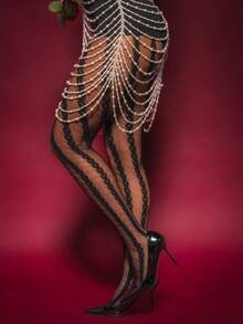 1 Pair Women's Fishnet Jacquard Tights, Sexy & Elegant Braided Fishnet Leggings, Suitable For Various Outfits - Black - View 2