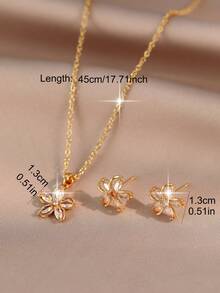 3pcs/Set Elegant Five-Flower Design Cubic Zirconia Necklace Earring Sets Girls/Teenagers Charm Jewelry Friendship Gift For Daily Wear And Festivals - Gold - View 4