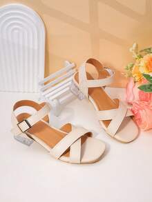 1 Pair, Girls' Sandals, Minimalist Crisscross Strap + Clear Block Heel Design, Soft Faux Leather, Breathable, Non-Slip & Comfortable, Open-Toe Low-Top Adjustable Buckle Ankle Strap, Clear Block Heel, Elegant Little Lady Style, Girls' Birthday Parties / Summer Dressy Outfits - Apricot - View 1