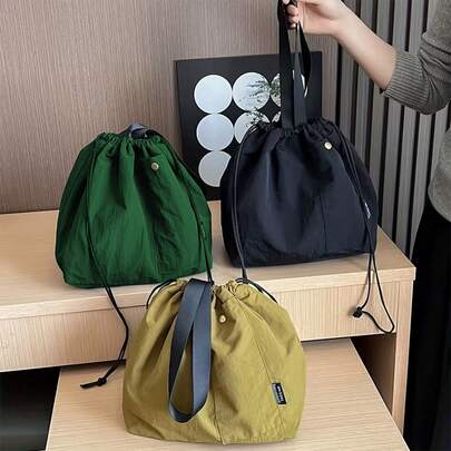 Insulated Lunch Bag, Rectangular Knitted Handbag, Convenient For Carrying Food To Work And Outings, Washable, Canvas Lunch Bag, Large Solid Color Drawstring Portable Insulated Picnic Lunch Box Bag, Suitable For All Seasons Outdoor Food Bag, Picnic Camping Bag, Back To School Essential