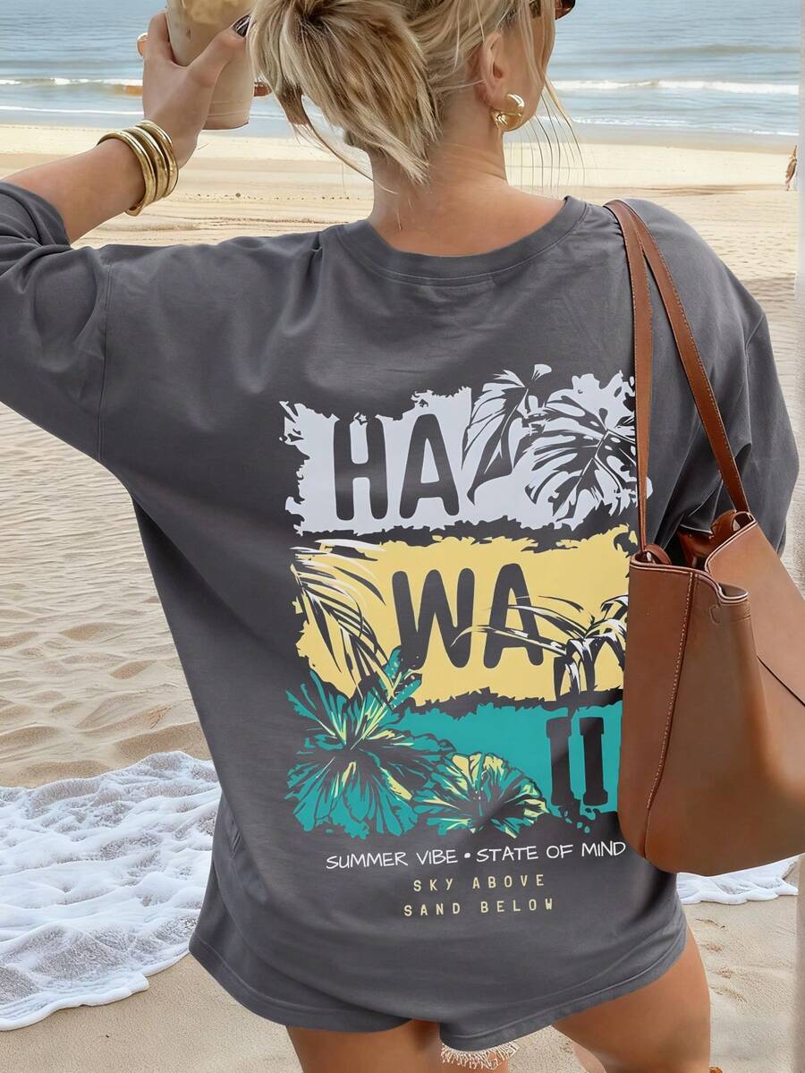 Áo thun nữ mùa hè mới, kiểu dáng đơn giản, in chữ và hình lá phong lúc hoàng hôn, cổ tròn, tay ngắn, màu xám đậm, thời trang và dễ phối đồ, phù hợp cho trang phục thường ngày và kỳ nghỉ xuân.