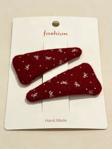 2个可爱蝴蝶结刺绣红色三角形发夹，甜美侧夹，适合日常佩戴（发夹内部图案位置与实物不同，不含卡片。） - 紅色 - 查看 9