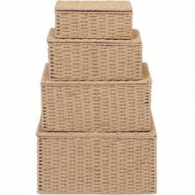 Storage Basket Hamper Set Of 4 - Storage Bin With Lid Insert Handle Easy Carrying - Convenient Storage Organizer Box - Including Small, Medium, Large, LargeNatural - 特大號,大號,中號,小號 + 4 件裝 - 查看 6