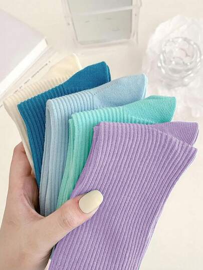 5双装女士纯色百搭韩版蓝色舒适中筒袜，春夏款