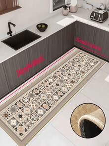 3.5mm Thick Vintage Tile Pattern Kitchen Mat, Soft Rubber Linen Material, Absorbent And Easy To Clean Floor Rug, Suitable For Kitchen, Bathroom, Laundry Room, Entryway And More - Multicolor - View 16