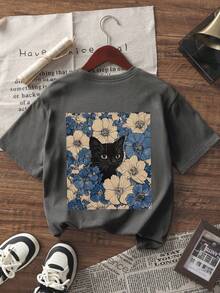 1 buah Kaos Pullover Lengan Pendek Bergambar Kucing untuk Anak Laki-laki Remaja, Atasan Musim Panas untuk Anak-anak, Pakaian Pelajar Muda - Dark Grey - View 5