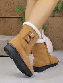 Women's Mid-Calf Snow Boots, Thick Fleece Lining, Wedge Heel, Warm & Soft Material, Side Zipper, Round Toe, Versatile Winter Outdoor Boots (Shoe Mouth And Foot Length Run Small By 1 Size) - 駝色 - 查看 5