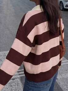 女士甜美时尚宽松 Polo 领条纹长袖休闲针织衫，春夏粉色 - 粉色 - 查看 5