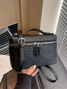 1pc Spring/Summer New PU Leather Woven Texture Square Handbag, Woven Design Dual-Zipper Closure, Fashion Minimalist Elegant Versatile Box Bag Suitable For Commuting, Office, Dating, Daily, Shopping - Black - View 7