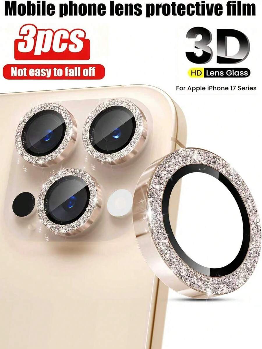 3 miếng - Miếng dán bảo vệ ống kính camera bằng kim loại titan sa mạc sáng bóng, tương thích với iPhone 16 Pro Max, 17 Pro Max, 17, 17 Pro, 17 Air, 16, 16 Plus, 15, 14, Pro Max, 13, 12, 11 Pro Max, kính cường lực AR+AF, độ cứng 9H siêu bền, kiểu dáng nữ tính dễ thương, phụ kiện camera độ nét cao - Tương thích với ốp lưng , quà tặng ngày Valentine. Thích hợp sử dụng hàng ngày, văn phòng, nhà. Miếng dán bảo vệ camera điện thoại chống nước, chống sốc, chống rơi, chống trầy xước, chống pha lê lấp lánh. - màu nâu - Xem 1