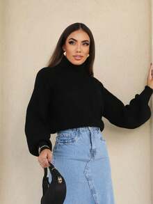 Cropped Knit High Neck Cacharrel Puff Sleeve - Black - View 4
