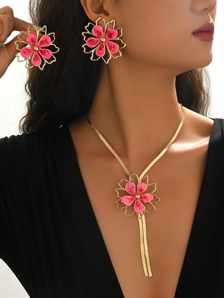 3pcs/Set Summer Fashion Bohemian Colorful Hollow Flower Necklace + Earrings Jewelry Set For Women, Suitable For Casual, Beach, Date, Party, Gift - Gold Pink - View 1