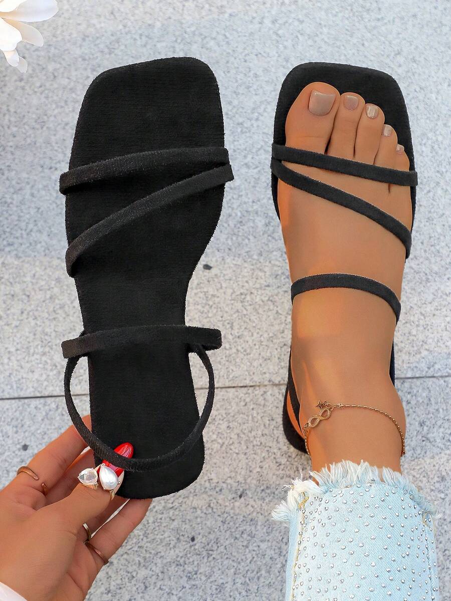 女士新款两用凉鞋，2026新款时尚精致绑带温柔女士平底拖鞋，夏季户外穿着 - 黑色 - 查看 1