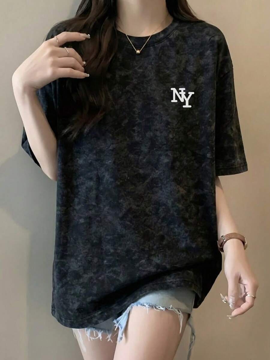 Japanese Style Women's Loose Fit Round Neck Fashionable Versatile Letter Print Tie-Dye Short Sleeve T-Shirt, Spring/Summer - Black - View 1