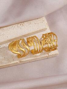 Wide Gold Ring Set - Flowing Wave + Multi-Layer Plain Rings + Interwoven Line Rings, Versatile Street Style Stacking Jewelry For Women - Gold - View 6