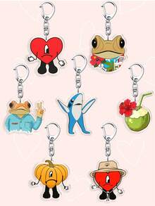 1pc Acrylic Band Singer Bad Rabbit Red Heart Keychain, Cute Frog & Shark Pendant Charm, Lovely Phone Hanging Accessory, Keychain Jewelry, Fan Gift - Multicolor - View 2