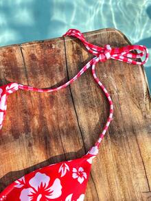 Women's Bikini Swimwear, Cute Casual Plaid Hibiscus Pattern Beach Swimwear, Summer Red Fashion Set/Outerwear/Birthday Outfit/Casual/Y2K/2000s/Millennium Clothing/Elegant/Old Money/Streetwear/Vacation/Music Festival Beach Attire - Red and White - View 7